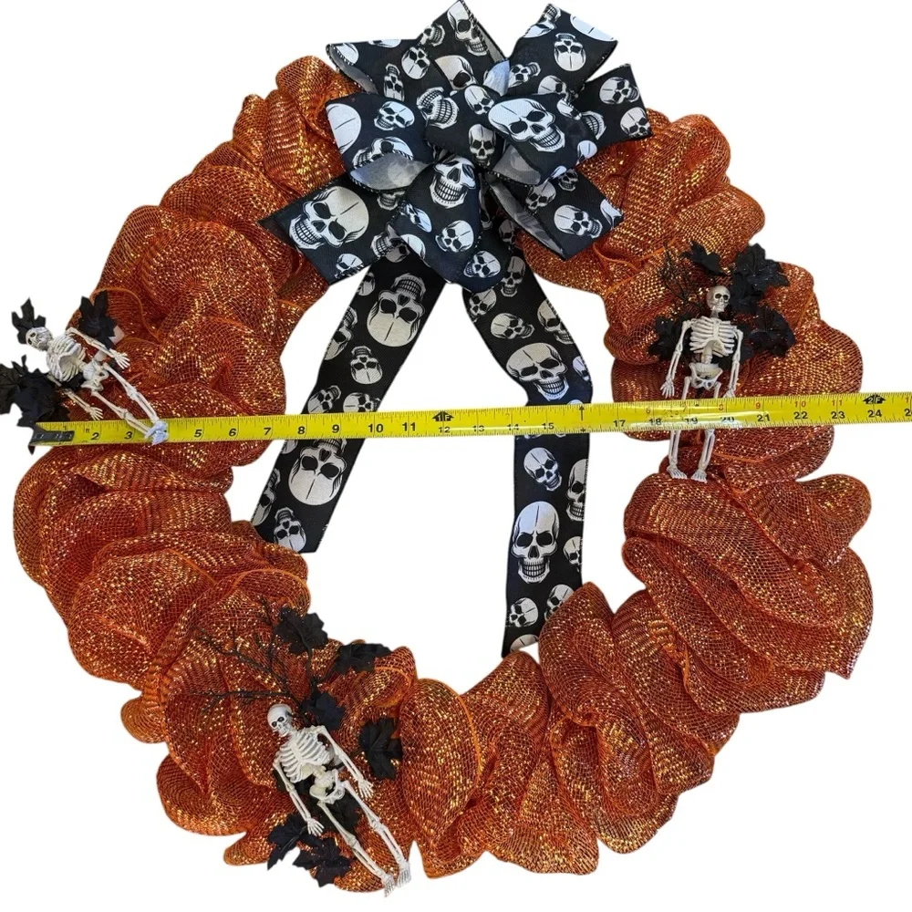 Halloween Orange Deco Mesh Wreath with Skull Ribbon – 24″